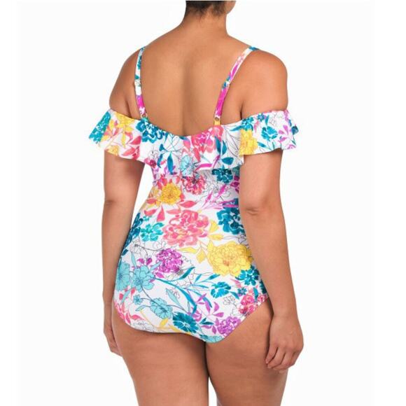 New Kenneth Cole Women's Plus Cold Shoulder Ruffle Floral One-Piece Swimsuit - Picture 2 of 9